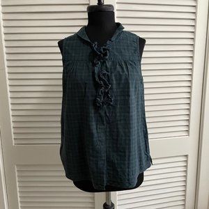 Anthropologie blue/green plaid tank with ruffle
